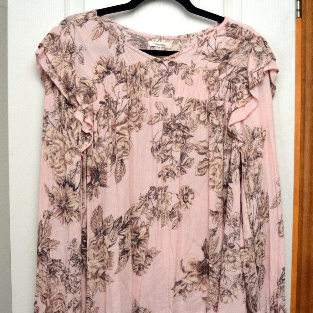 Maurices Pink Floral Ruffle Sleeve Blouse, Medium